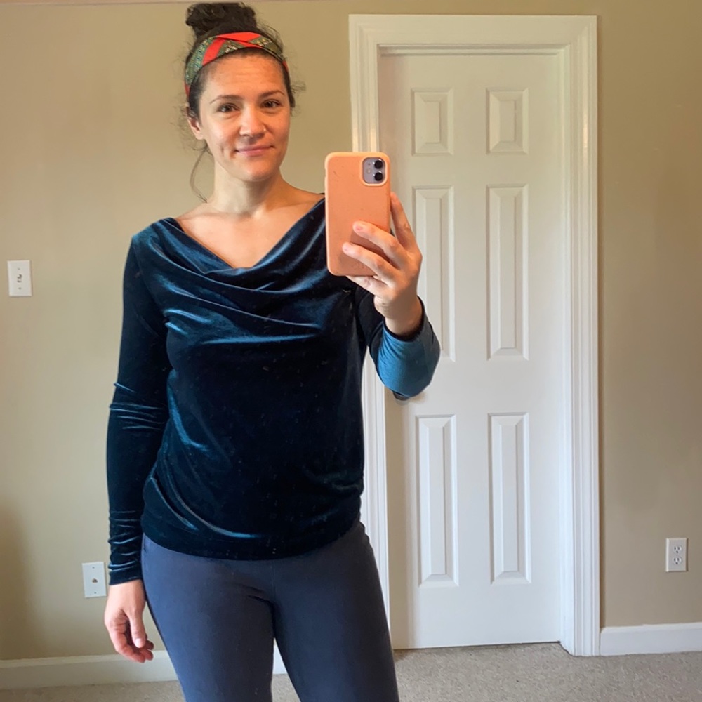 Blue crushed velvet long sleeve cowl neck top